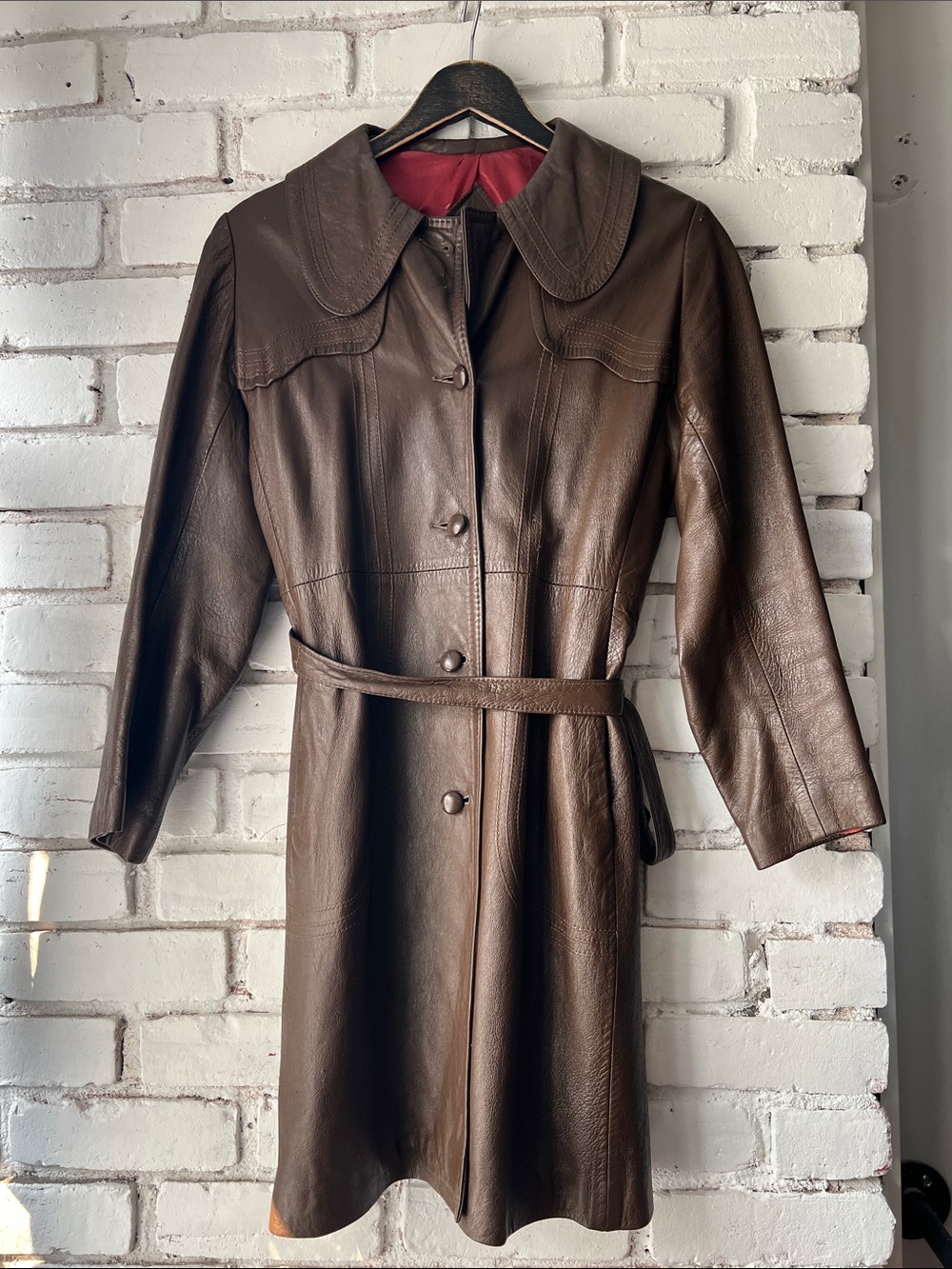 70sVintage belted Women's Brown Leather Trench Coat midi robe style leather coat